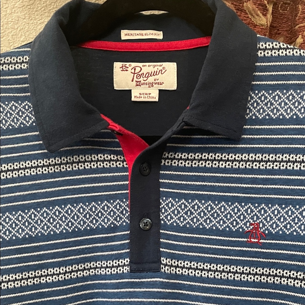 Original Penguin Men's Blue and White Pattern Polo